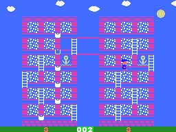 Memory Manor (ColecoVision) screenshot: Get water from the buckets and clean the windows. Try to uncover the prizes from behind the windows.