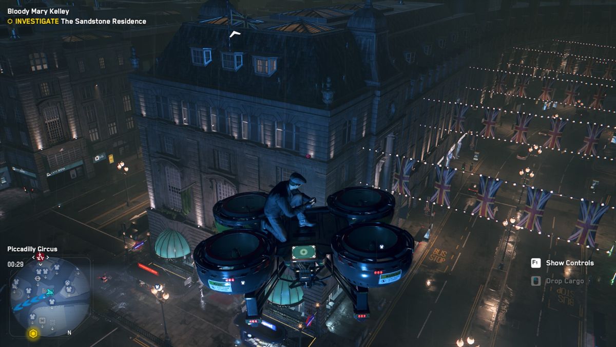 Watch Dogs: Legion (Windows) screenshot: Flying a cargo drone.