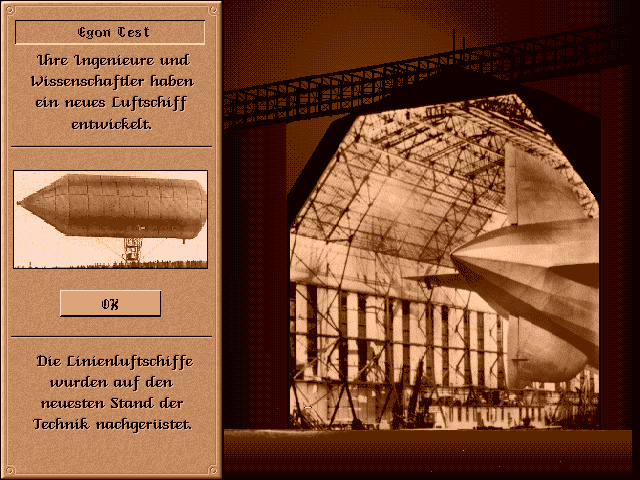 Zeppelin! Command a Global Airship Empire (DOS) screenshot: Your scientists develop new airships.