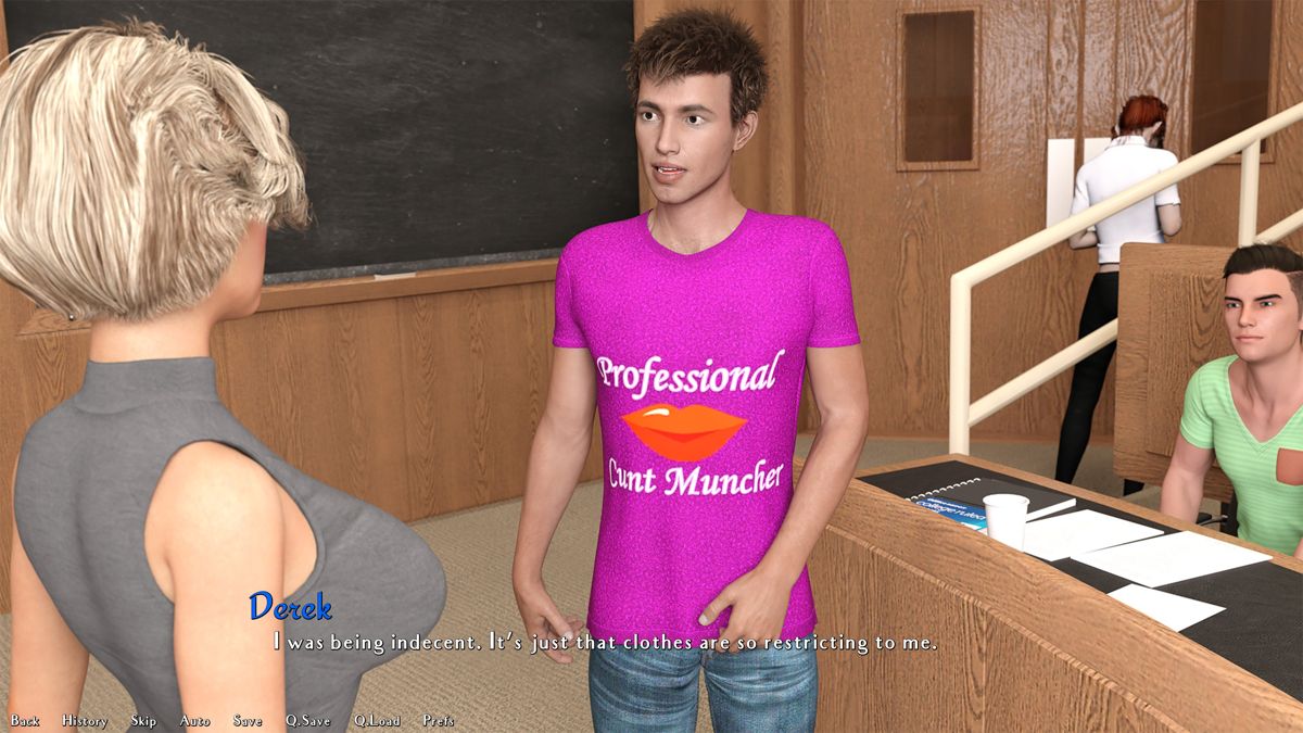 Being a DIK (Windows) screenshot: Episode 2: Derek finally listened to a teacher and put on a shirt
