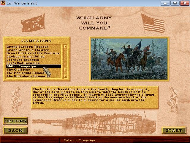 Grant - Lee - Sherman: Civil War 2: Generals (Windows) screenshot: Choosing the Shiloh Campaign.