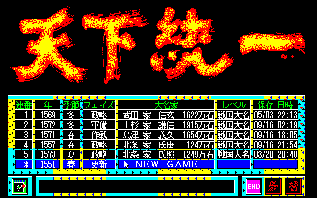 Tenka Tōitsu (PC-98) screenshot: Main menu