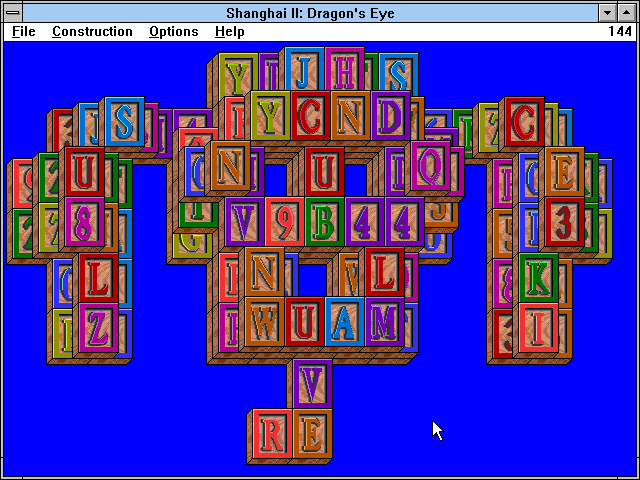 Shanghai II: Dragon's Eye (Windows 3.x) screenshot: The dog layout with the alphabet tile set.