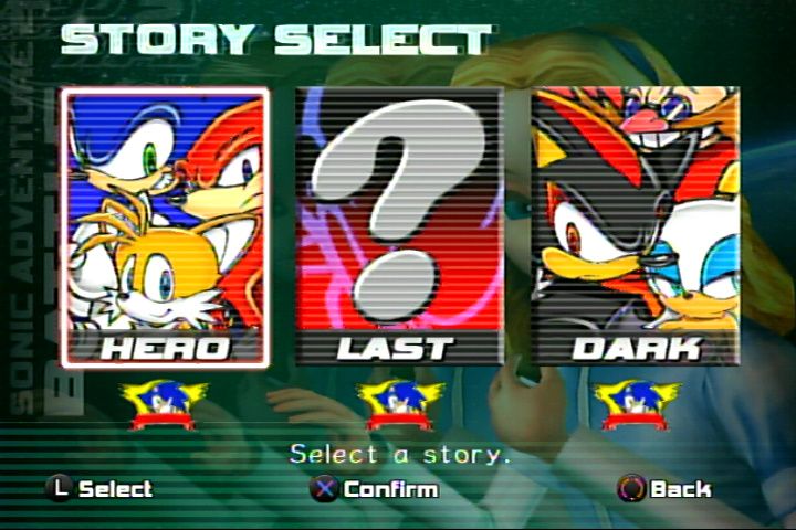 Sonic Adventure 2 (PlayStation 3) screenshot: The game is divided in 2 stories, Hero and Dark. The last story is unlocked when beating both. Each story has a speed, treasure hunter, and shooting character.