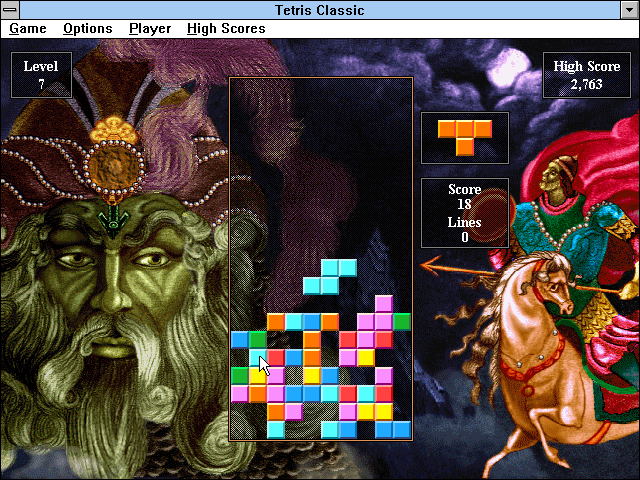 Tetris Classic (Windows 3.x) screenshot: Starting level seven with seven rows of random blocks on the screen.