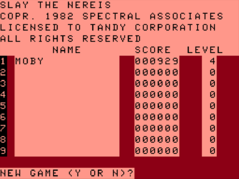Slay the Nereis (TRS-80 CoCo) screenshot: High Score
