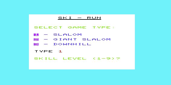 Ski-Run (VIC-20) screenshot: Main Menu
