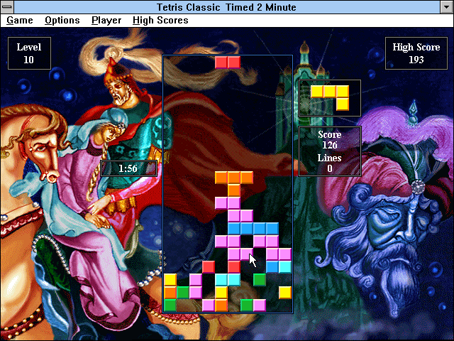 Tetris Classic (Windows 3.x) screenshot: Unless you have super reflexes, you won't last long on level ten.