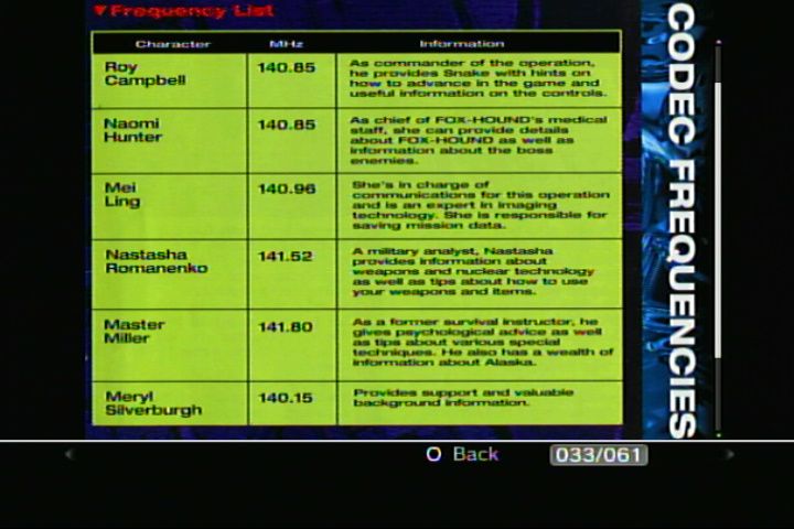 Metal Gear Solid (PlayStation 3) screenshot: At one point you have to look for a character's codec frequency on the manual. On the PS3 version you can look at this manual on the emulator menu by pressing the PS button.