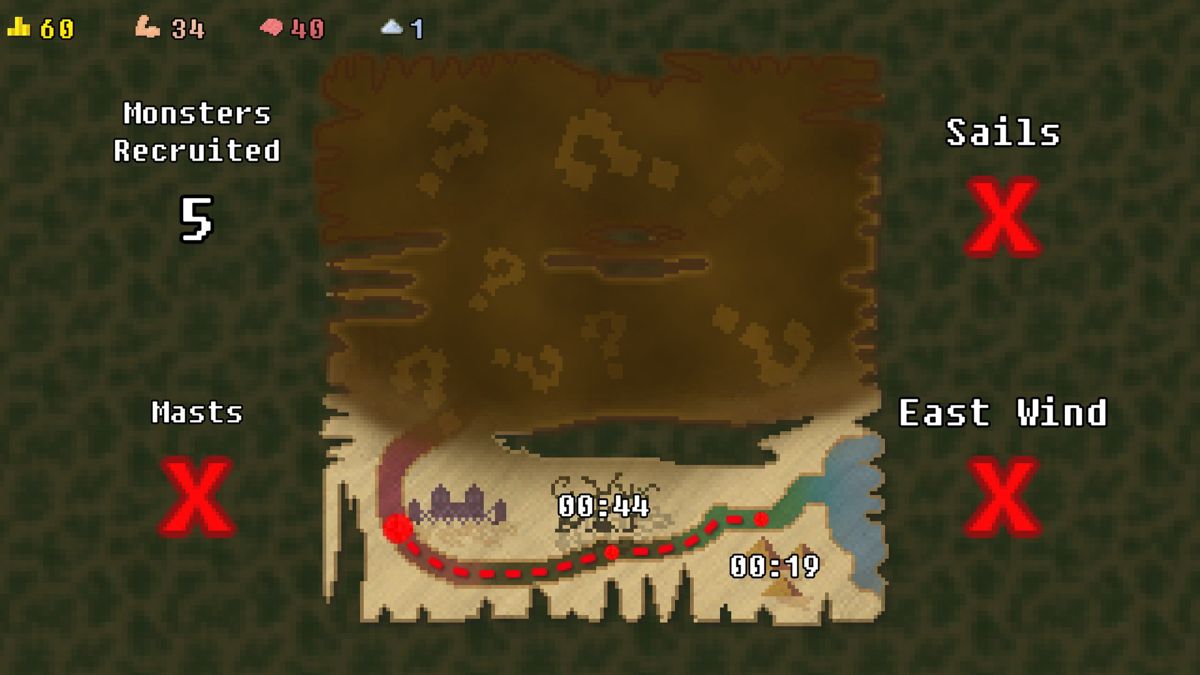 You Must Build a Boat (Windows) screenshot: As you complete quests in different areas, more of the map will be revealed as you make your way up the river.