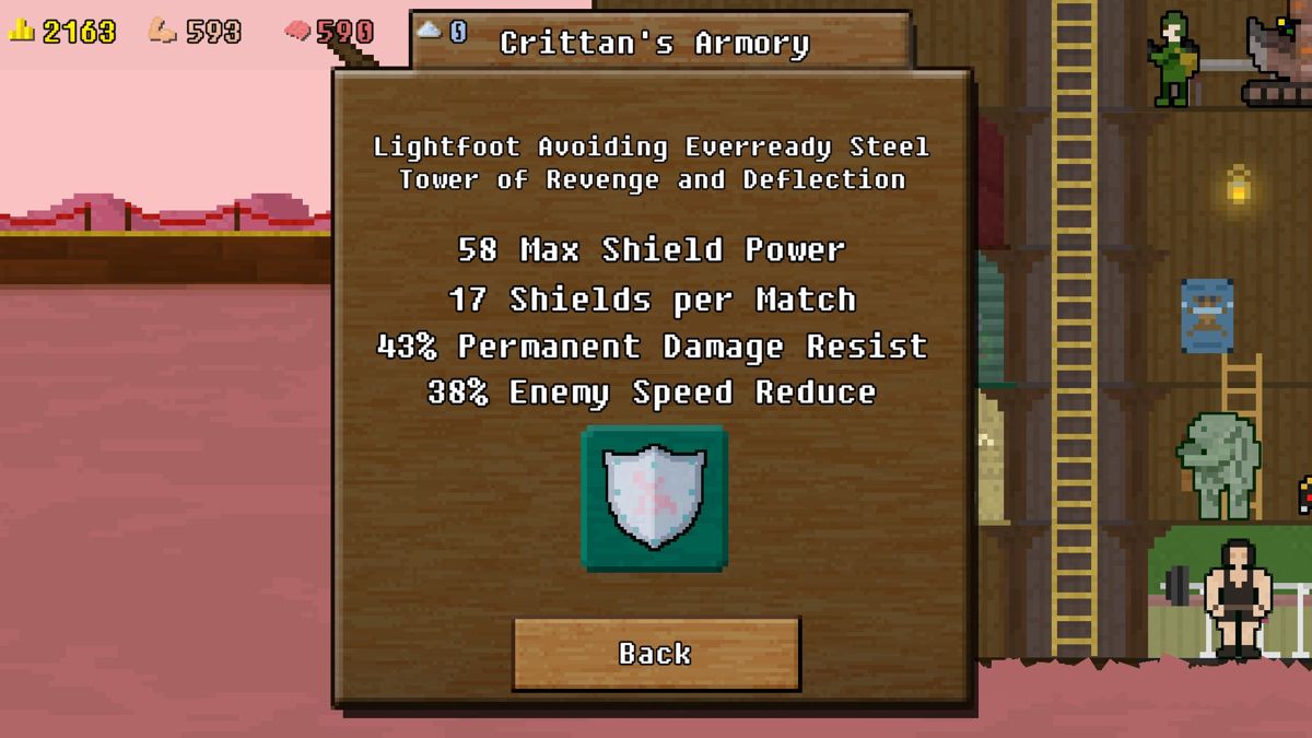 You Must Build a Boat (Windows) screenshot: The names of your weapons and shield can get a bit ridiculous towards the end of the game