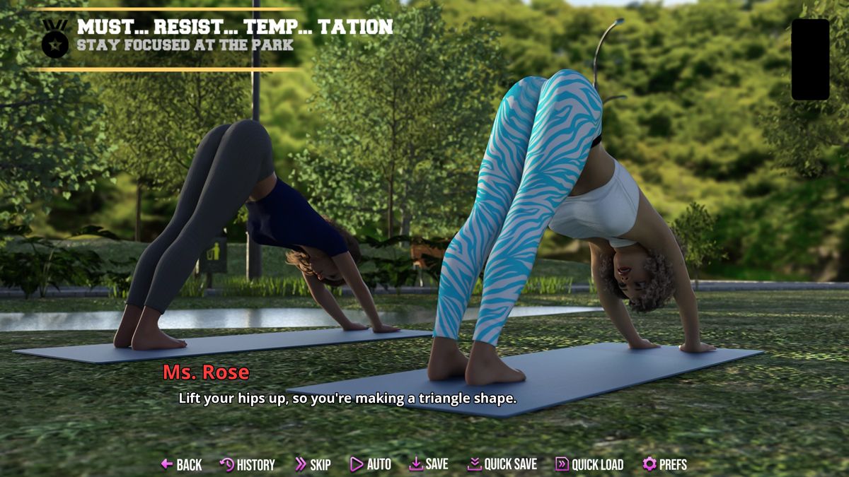 College Kings 2 (Windows) screenshot: Episode 1: Doing yoga with Nora and Ms. Rose