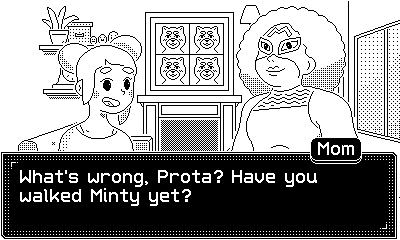 Lost Your Marbles (Playdate) screenshot: Prota's mother is ready for some wrestling.