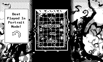 You Cannot Go Back! (Playdate) screenshot: The game immediately starts off in a dungeon, with the choice of 3 exits to take.