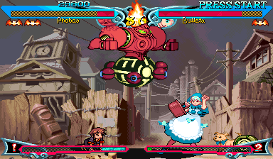 Vampire Savior 2 (Arcade) screenshot: Phobos' ability to float in the air can come in handy for mixing up the opponent or simply avoiding grounded attacks.
