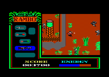 Rambo: First Blood Part II (Amstrad CPC) screenshot: Circling around the enemy base, looking for a way in.