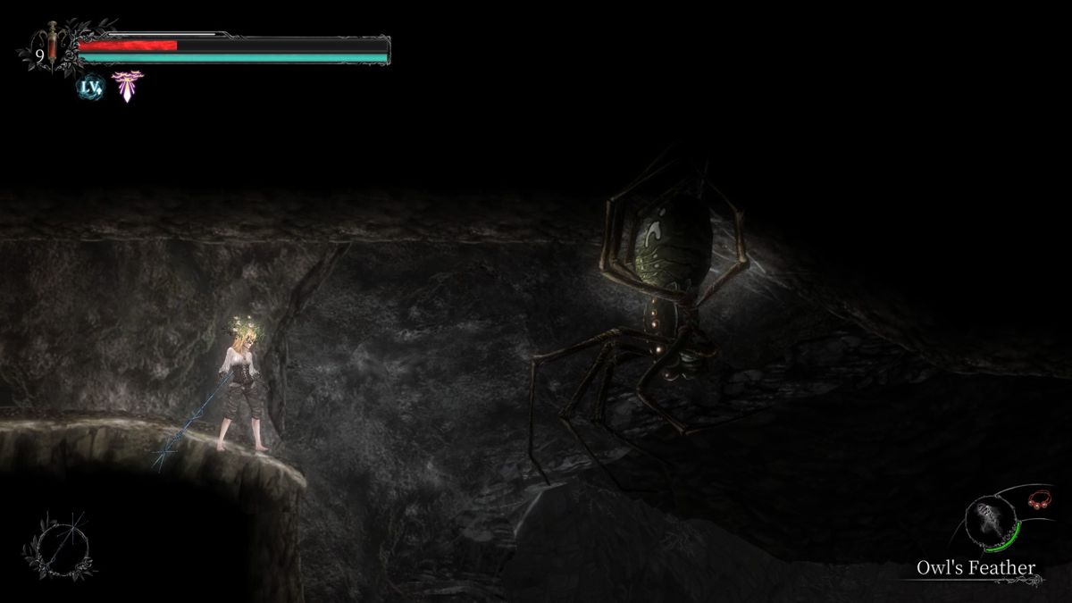 Vigil: The Longest Night (Windows) screenshot: Some monsters, like this spider, lurk at the ceiling and drop down when you pass below.