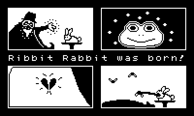 Ribbit Rabbit! (Playdate) screenshot: The game opens with a short story showing the creation of the titular Ribbit Rabbit.