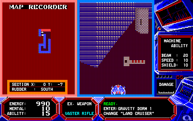 Wibarm (PC-88) screenshot: Exploring a 3D dungeon in Land Cruiser form; key up ahead