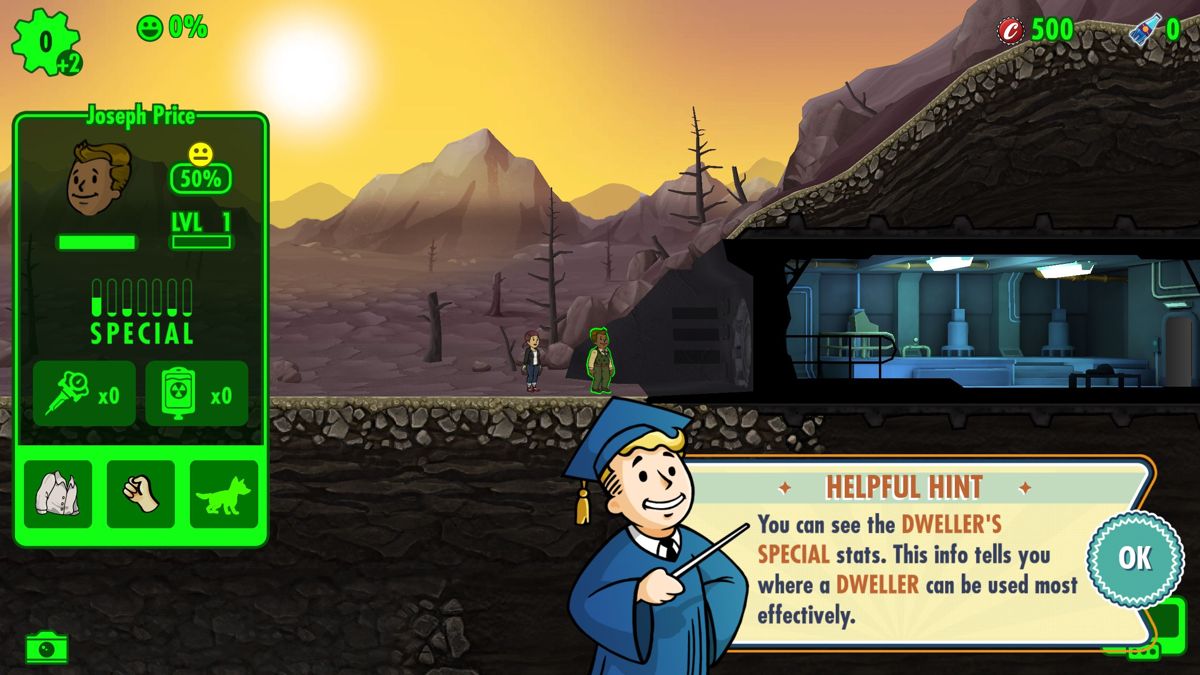 Fallout Shelter (Windows) screenshot: Once the vault has power some occupants arrive. Joseph's stats show his S level is high, S stands for Strength and that's what is needed to work the power generator
