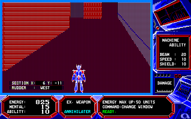 Wibarm (PC-88) screenshot: Armornoid Wibarm in a 3D dungeon (map window off)