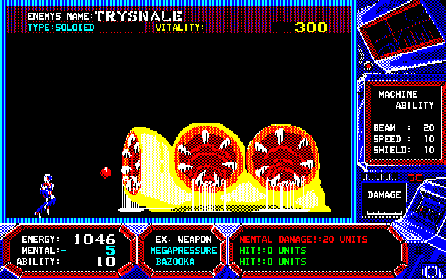 Wibarm (PC-88) screenshot: Boss battle against Trysnale