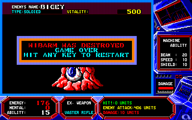 Wibarm (PC-88) screenshot: Game Over