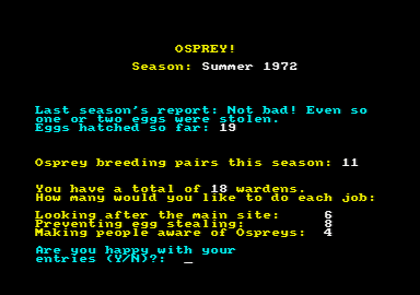 Osprey! (Amstrad CPC) screenshot: After every season you get an assessment of how well you did protecting the ospreys.