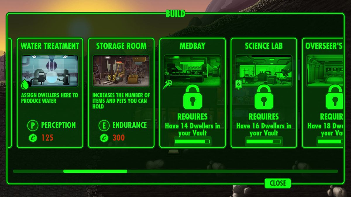 Fallout Shelter (Windows) screenshot: The build menu. Each room type works best when occupied by dwellers with the appropriate characteristics