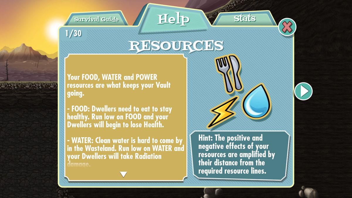 Fallout Shelter (Windows) screenshot: There's a thirty screen player aid available through the menu on the right of the screen