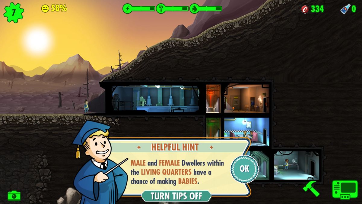 Fallout Shelter (Windows) screenshot: Now I'm producing power, water and food I can start a breeding program