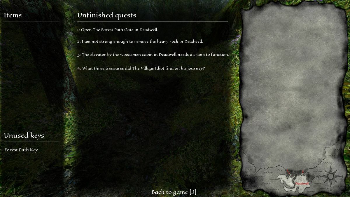 Northern Journey (Windows) screenshot: Quest list and a map that is gradually drawn on the right hand side.