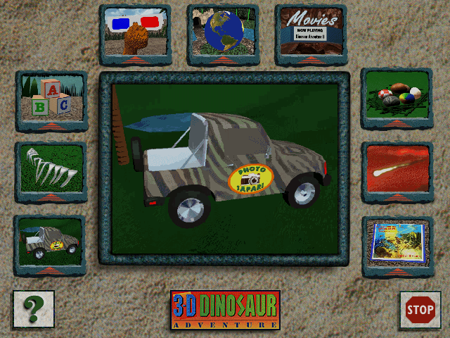 3-D Dinosaur Adventure: Anniversary Edition (Windows 16-bit) screenshot: Clicking on one of the menu options start a short preview video...