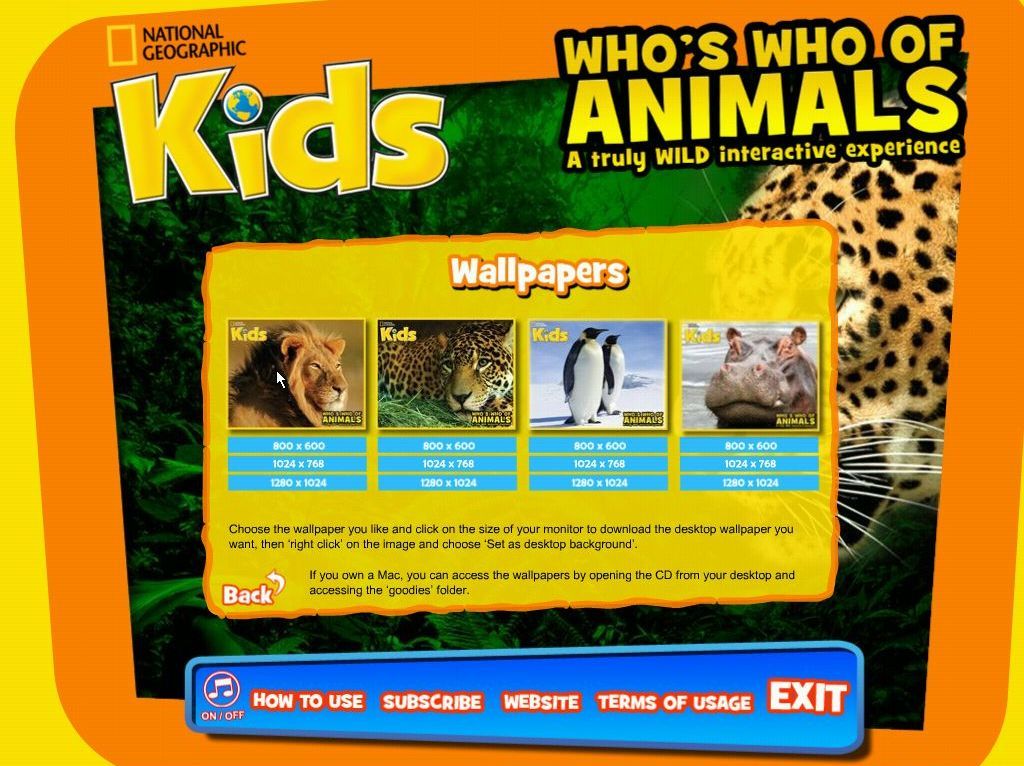 Who's Who Of Animals: A Truly Wild Interactive Experience (Windows) screenshot: There are four wallpapers and each is available in three sizes