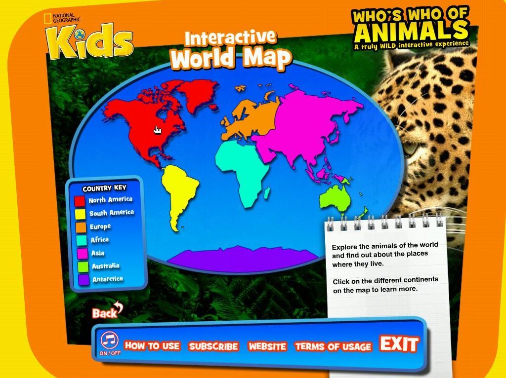 Who's Who Of Animals: A Truly Wild Interactive Experience (Windows) screenshot: The World Map leads to information about different geographic areas and the animals that live there