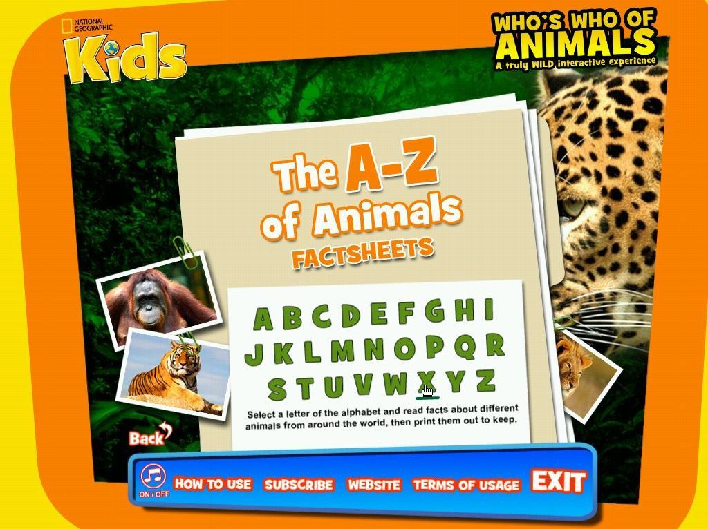 Who's Who Of Animals: A Truly Wild Interactive Experience (Windows) screenshot: Animal factsheets. There should be an animal for every letter.