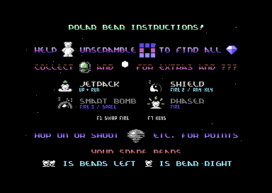 Polar Bear in Space! (Commodore 64) screenshot: Help screen