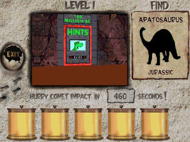3-D Dinosaur Adventure: Anniversary Edition (Windows 3.x) screenshot: <i>Save the Dinos!</i>: In this game, the player has to choose the correct time period...