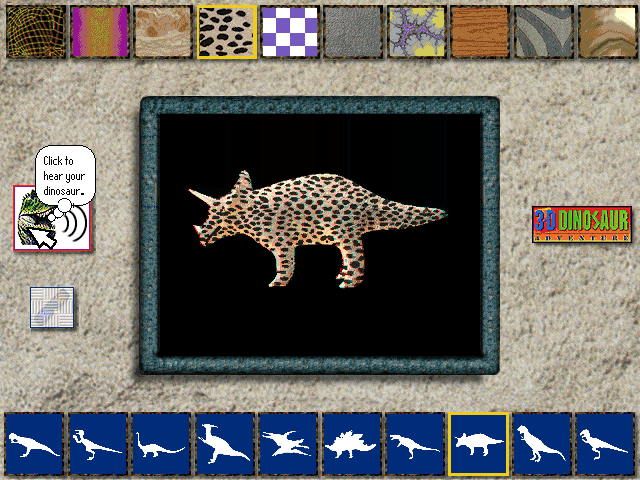 3-D Dinosaur Adventure: Anniversary Edition (Windows 3.x) screenshot: <i>Create-A-Saurus</i>: In this mode, the player can choose different color patterns for the dinosaurs. This screenshot is for 3D glasses...
