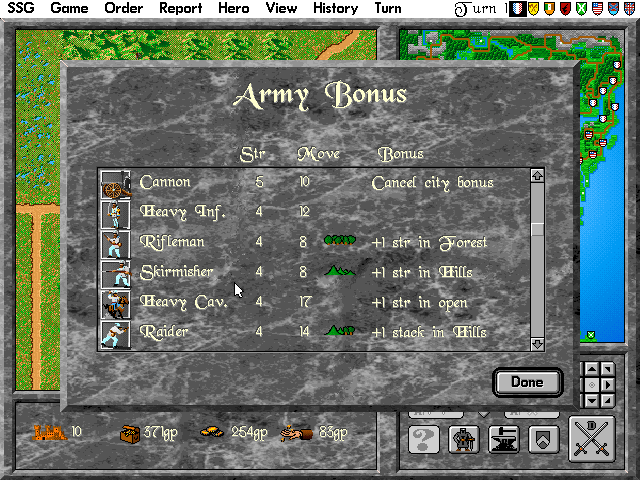 Warlords II Deluxe (DOS) screenshot: US. Civil war scenario. Army bonuses tab is shown with the US civil war units.