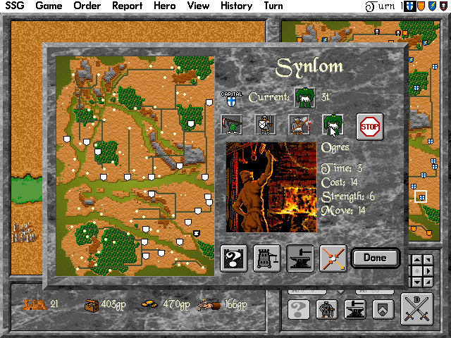 Warlords II Deluxe (DOS) screenshot: Wasteland map and the town of Synlom.