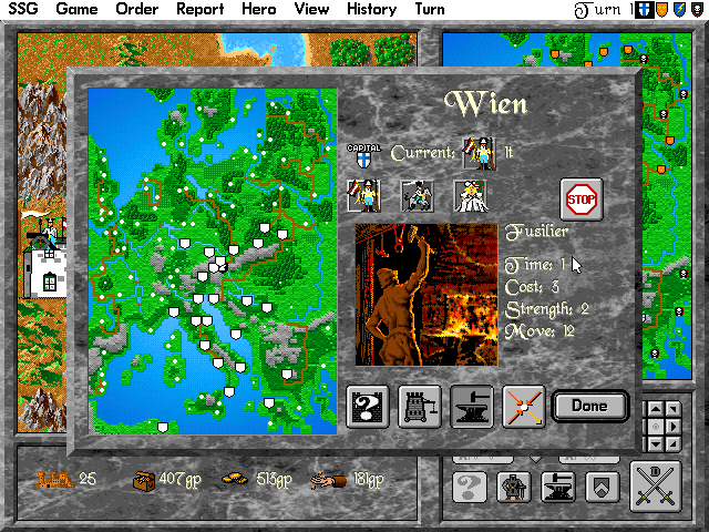 Warlords II Deluxe (DOS) screenshot: Napoleonic wars scenario map.