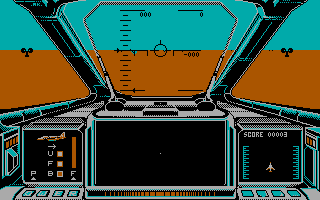 Strike Force Harrier (DOS) screenshot: Cockpit and landscape in all their CGA glory