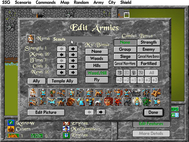 Warlords II Deluxe (DOS) screenshot: You can edit everything with the editors. Unit graphics, stats, cities, map tiles, whatever...