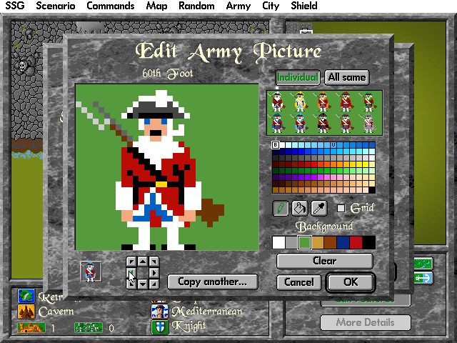 Warlords II Deluxe (DOS) screenshot: You can even make new units. Pictured: English musket infantry from the US war of independence.