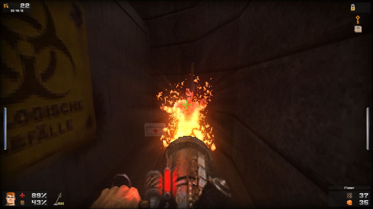 Blade of Agony (Windows) screenshot: Burning an enemy to a crisp with the flamethrower. <i>(The Staff of Kings)</i>