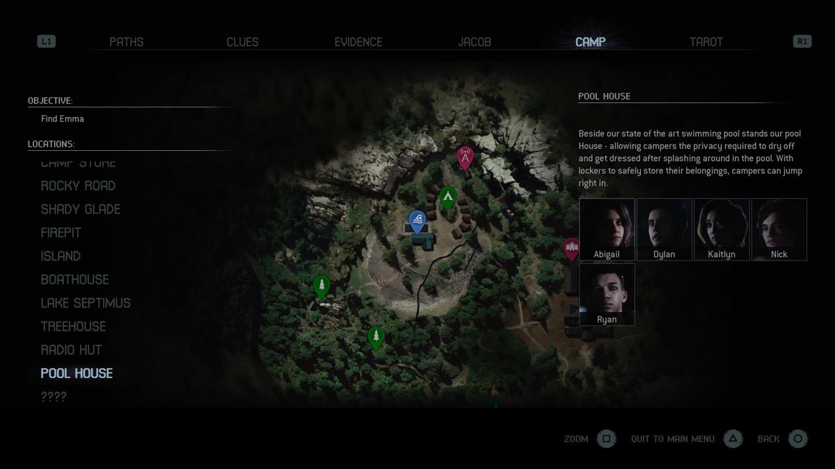 The Quarry (PlayStation 5) screenshot: Camp locations show which playable character is currently at which location