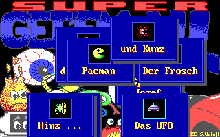 Super Get'Em All (DOS) screenshot: When you stay in the main menu for a while, it will show you pictures of the various enemies