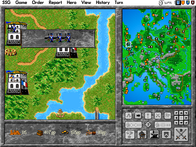 Warlords II Deluxe (DOS) screenshot: London and Cambridge with the English city graphics and Napoleonic units (Artillery pictured).