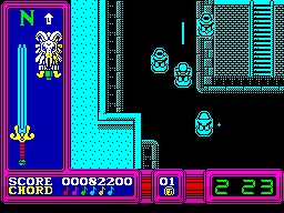Masters of the Universe: The Movie (ZX Spectrum) screenshot: Laser battle on a flying disk